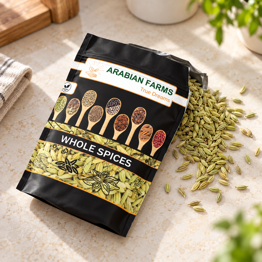 Illustrative Arabian Farms Whole Fennel Seeds (Saunf / Sonf) pack with loose spices on a bright kitchen surface