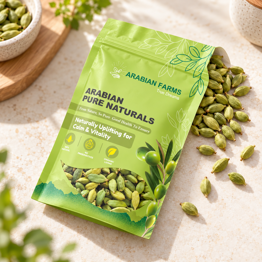 Illustrative Arabian Farms Whole Green Cardamom (Choti Elaichi) pouch with loose spices on a bright kitchen surface