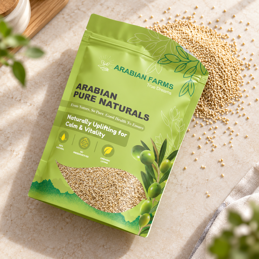 Illustrative Arabian Farms Whole Poppy Seeds (Khashkhash) pouch with loose spices on a bright kitchen surface